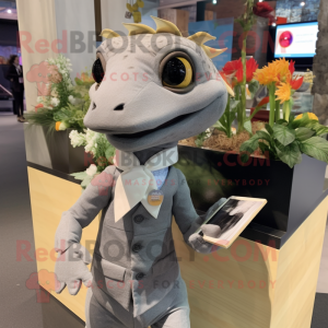 Gray Lizard mascot costume character dressed with a Midi Dress and Pocket squares