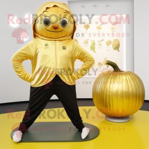 Gold Melon mascot costume character dressed with a Yoga Pants and Foot pads