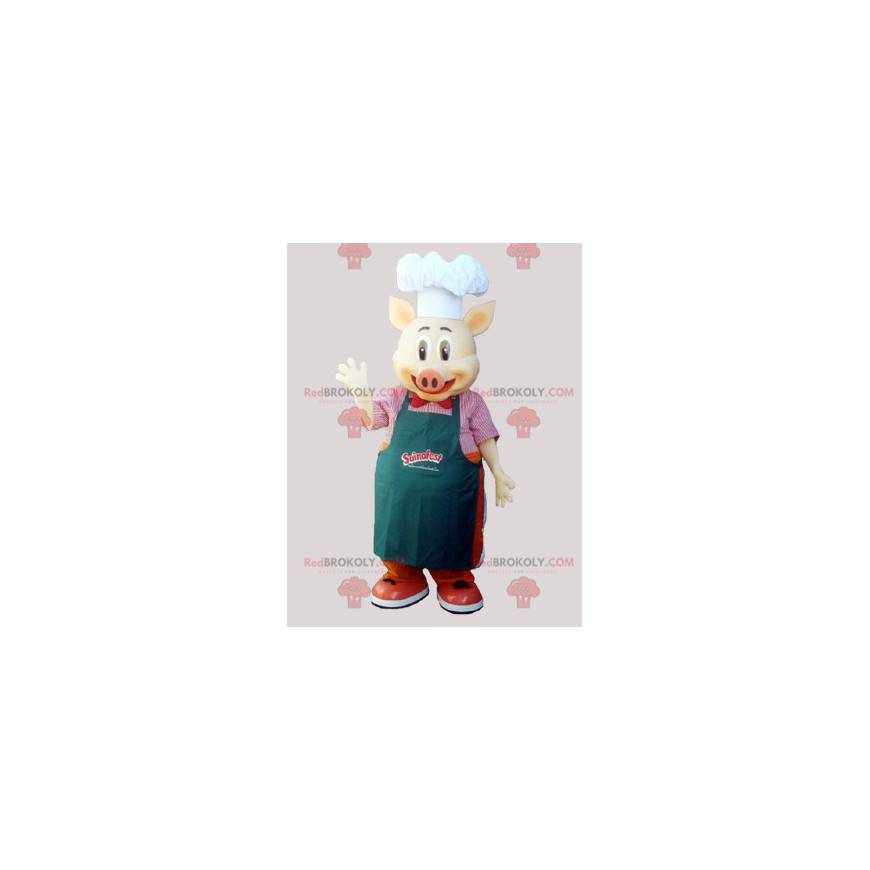 Chef, mascote porco, cozinheiro com avental e chapéu de chef -