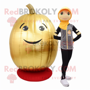 Gold Melon mascot costume character dressed with a Yoga Pants and Foot pads