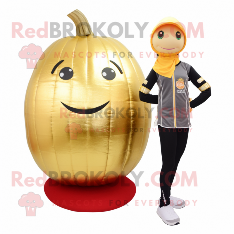 Gold Melon mascot costume character dressed with a Yoga Pants and Foot pads