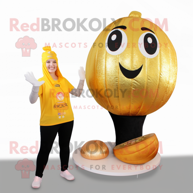 Gold Melon mascot costume character dressed with a Yoga Pants and Foot pads Gold Melon mascot costume character dressed with a Yoga Pants and Foot pads