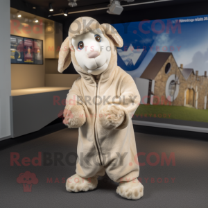 Beige Suffolk Sheep mascot costume character dressed with a Hoodie and Beanies