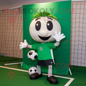 Green Soccer Goal mascot costume character dressed with a Rugby Shirt and Bow ties