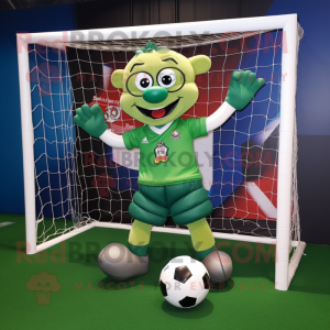 Green Soccer Goal mascot costume character dressed with a Rugby Shirt and Bow ties