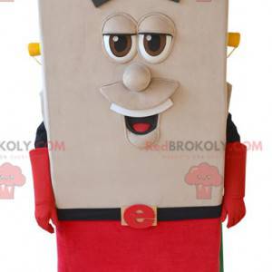 Mascote quadrado do boneco de neve com capa e capacete -