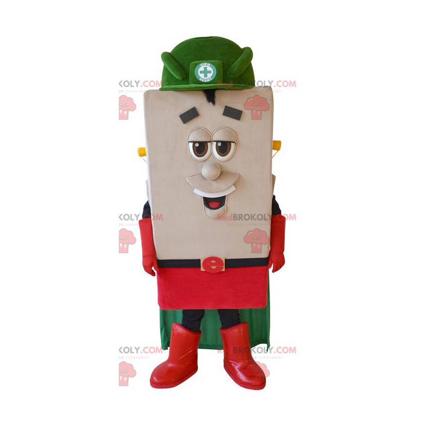 Mascote quadrado do boneco de neve com capa e capacete -