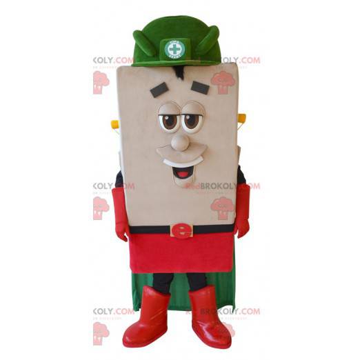 Mascote quadrado do boneco de neve com capa e capacete -