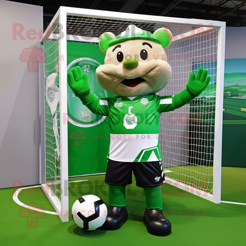 Green Soccer Goal mascot costume character dressed with a Rugby Shirt and Bow ties Green Soccer Goal mascot costume character dressed with a Rugby Shirt and Bow ties