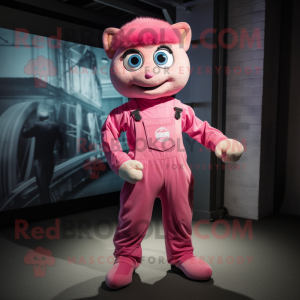 Pink Momentum mascot costume character dressed with a Overalls and Suspenders