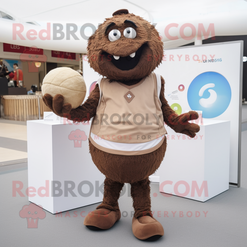 Brown Petanque Ball mascot costume character dressed with a Romper and Handbags Brown Petanque Ball mascot costume character dressed with a Romper and Handbags