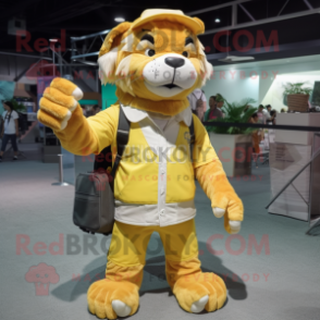 Lemon Yellow Saber-Toothed Tiger mascot costume character dressed with a Cargo Shorts and Messenger bags