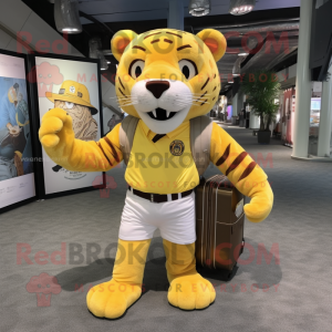 Lemon Yellow Saber-Toothed Tiger mascot costume character dressed with a Cargo Shorts and Messenger bags