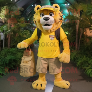 Lemon Yellow Saber-Toothed Tiger mascot costume character dressed with a Cargo Shorts and Messenger bags