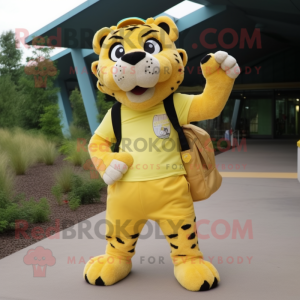 Lemon Yellow Saber-Toothed Tiger mascot costume character dressed with a Cargo Shorts and Messenger bags