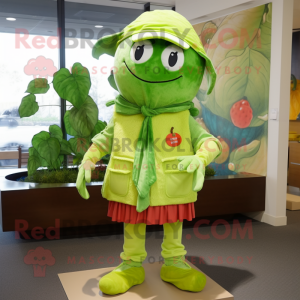 Lime Green Cherry mascot costume character dressed with a Chambray Shirt and Scarves