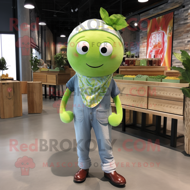 Lime Green Cherry mascot costume character dressed with a Chambray Shirt and Scarves