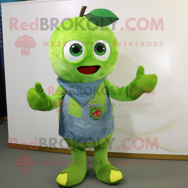 Lime Green Cherry mascot costume character dressed with a Chambray Shirt and Scarves