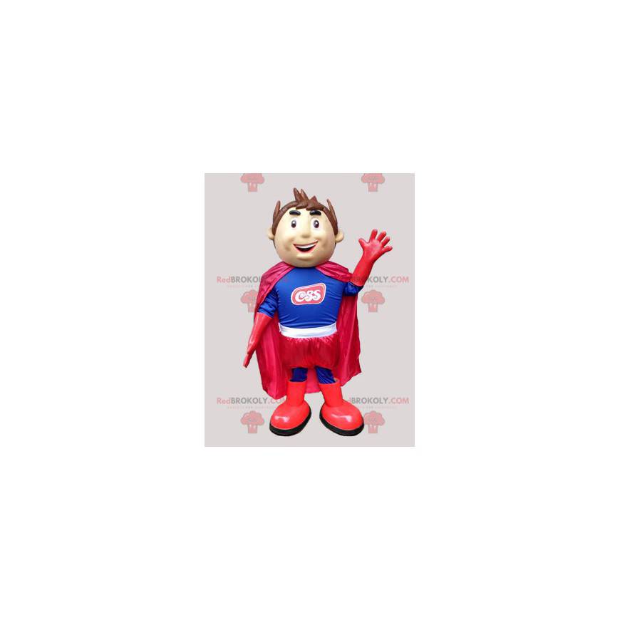 Mascote do menino super-herói em azul e vermelho -