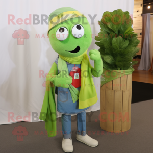Lime Green Cherry mascot costume character dressed with a Chambray Shirt and Scarves