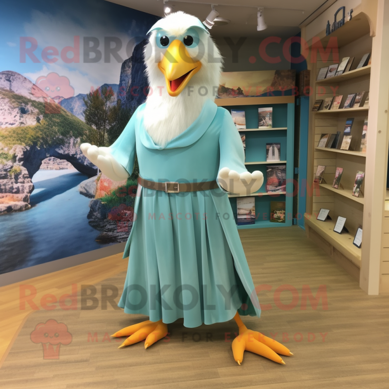 Turquoise Seagull mascot costume character dressed with a Maxi Dress and Ties Turquoise Seagull mascot costume character dressed with a Maxi Dress and Ties