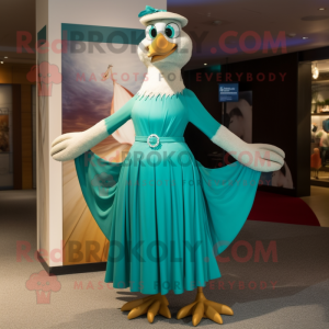 Turquoise Seagull mascot costume character dressed with a Maxi Dress and Ties