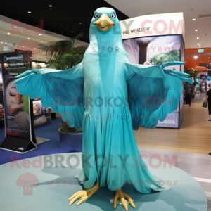 Turquoise Seagull mascot costume character dressed with a Maxi Dress and Ties