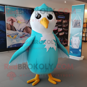 Turquoise Seagull mascot costume character dressed with a Maxi Dress and Ties