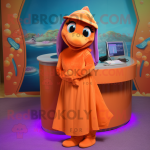Orange Dolphin mascot costume character dressed with a Wrap Skirt and Earrings