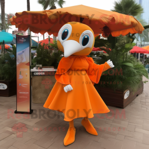 Orange Dolphin mascot costume character dressed with a Wrap Skirt and Earrings