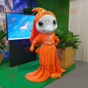 Orange Dolphin mascot costume character dressed with a Wrap Skirt and Earrings