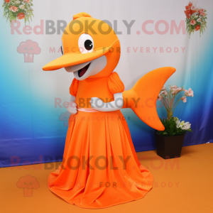 Orange Dolphin mascot costume character dressed with a Wrap Skirt and Earrings