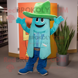 Turquoise Zucchini mascot costume character dressed with a Bootcut Jeans and Hats