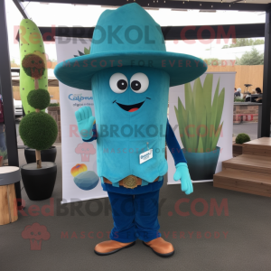 Turquoise Zucchini mascot costume character dressed with a Bootcut Jeans and Hats