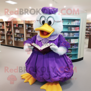 Purple Muscovy Duck mascot costume character dressed with a Ball Gown and Reading glasses