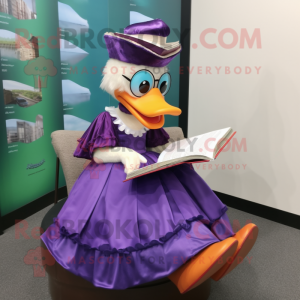 Purple Muscovy Duck mascot costume character dressed with a Ball Gown and Reading glasses