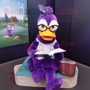 Purple Muscovy Duck mascot costume character dressed with a Ball Gown and Reading glasses