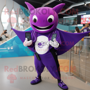 Purple Manta Ray mascot costume character dressed with a Graphic Tee and Smartwatches