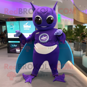 Purple Manta Ray mascot costume character dressed with a Graphic Tee and Smartwatches