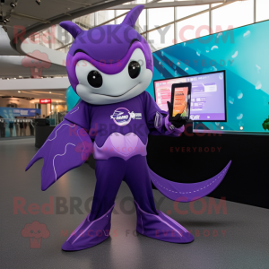 Purple Manta Ray mascot costume character dressed with a Graphic Tee and Smartwatches