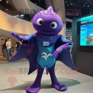 Purple Manta Ray mascot costume character dressed with a Graphic Tee and Smartwatches