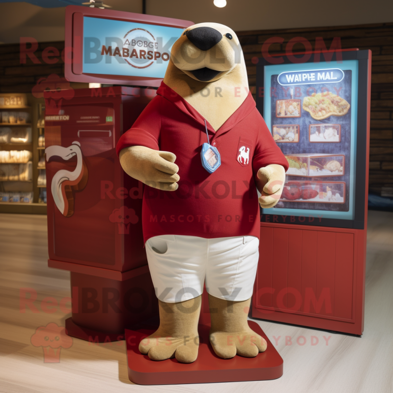 Maroon Walrus mascot costume character dressed with a Board Shorts and Cufflinks Maroon Walrus mascot costume character dressed with a Board Shorts and Cufflinks