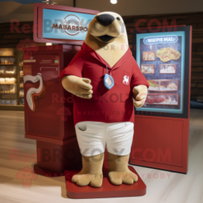 Maroon Walrus mascot costume character dressed with a Board Shorts and Cufflinks