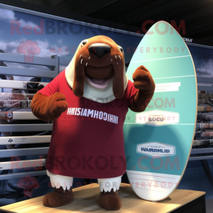 Maroon Walrus mascot costume character dressed with a Board Shorts and Cufflinks