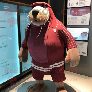 Maroon Walrus mascot costume character dressed with a Board Shorts and Cufflinks