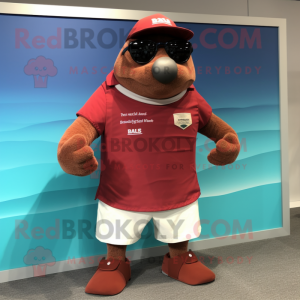 Maroon Walrus mascot costume character dressed with a Board Shorts and Cufflinks