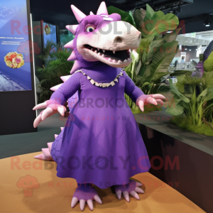 Purple Ankylosaurus mascot costume character dressed with a Midi Dress and Cufflinks