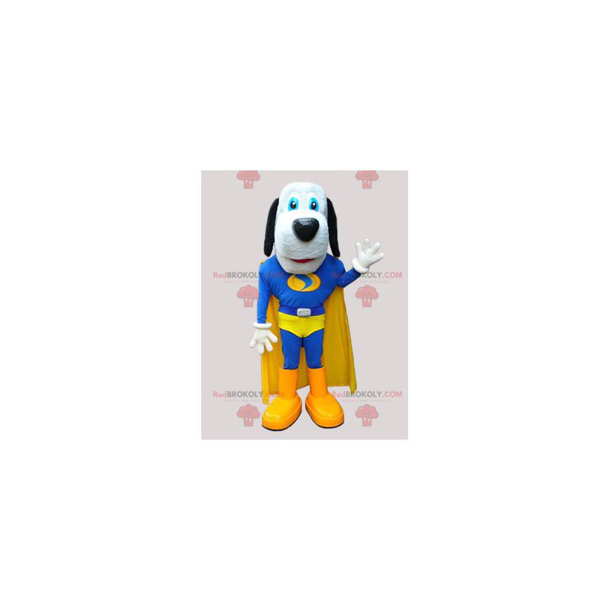 Roztomilý pes maskot v modré a žluté superhrdiny -
