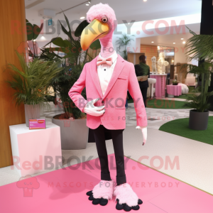 Pink Ostrich mascot costume character dressed with a Suit Pants and Pocket squares