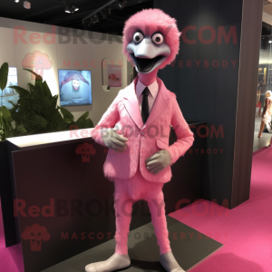 Pink Ostrich mascot costume character dressed with a Suit Pants and Pocket squares